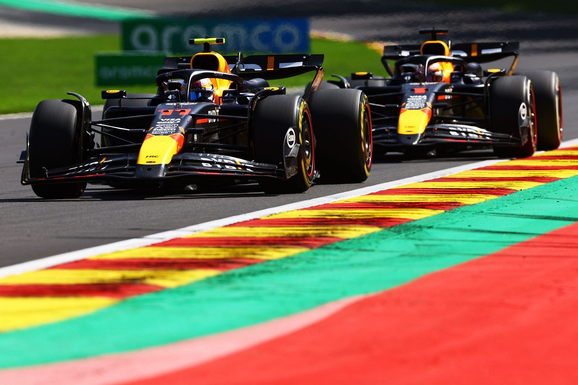 Sergio Perez (11) leads Max Verstappen (1) during the 2024 F1 Grand Prix of Belgium. Source: Getty